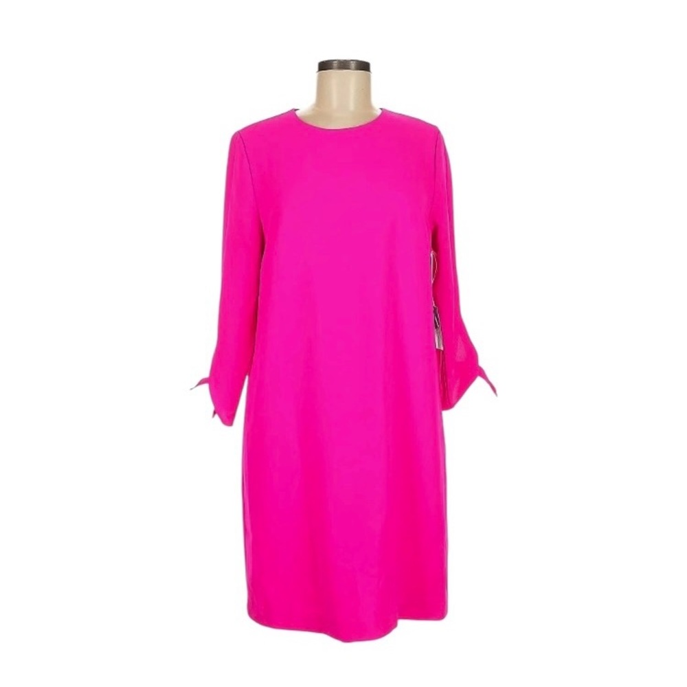 CeCe Hot Pink Shift Dress ¾ Sleeve Tie Round Neck Knee Length Size 10 - Picture 2 of 14